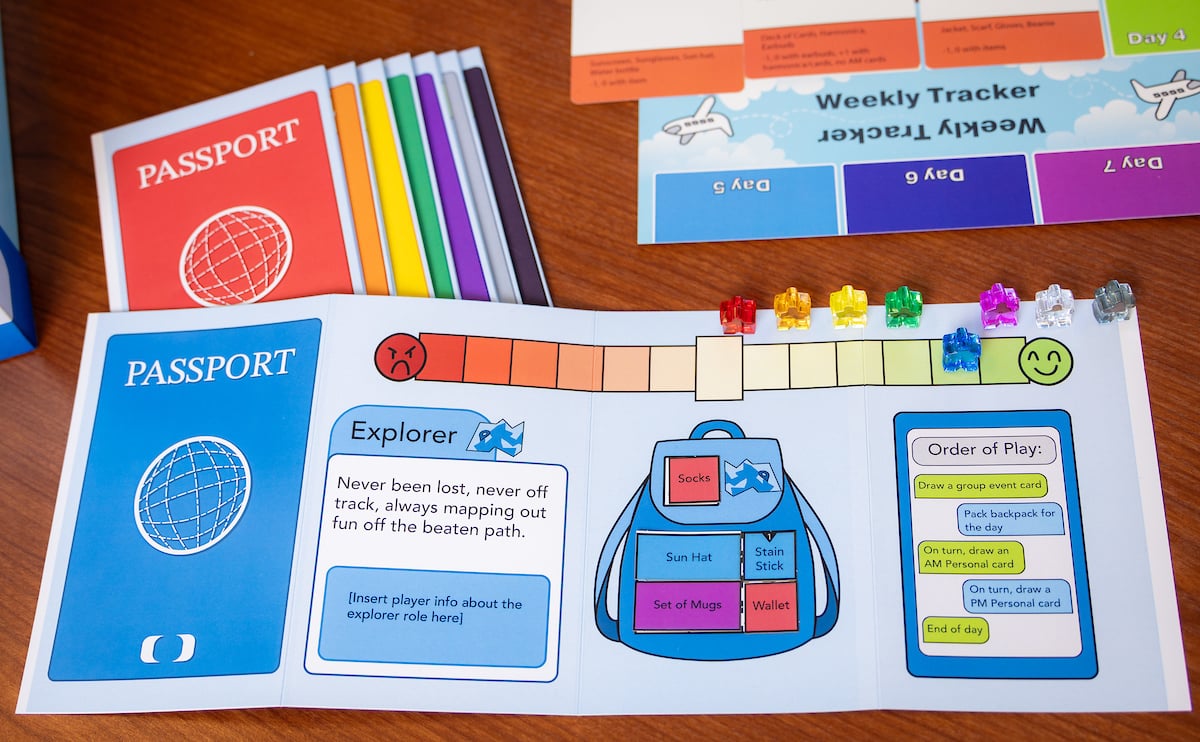 Pieces of the Buddy Abroad board game displayed out on a table.