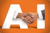 Two hands emerging from letters "A" and "I" to come into a handshake. Both hands belong to males and are wearing suits. 