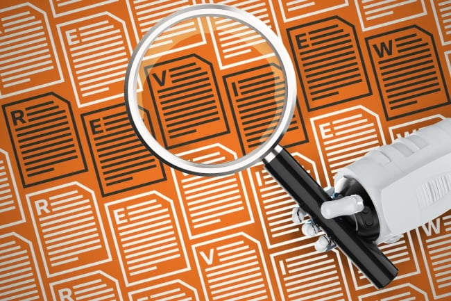 A robotic arm holds a magnifying glass toward an orange background filled with illustrated papers