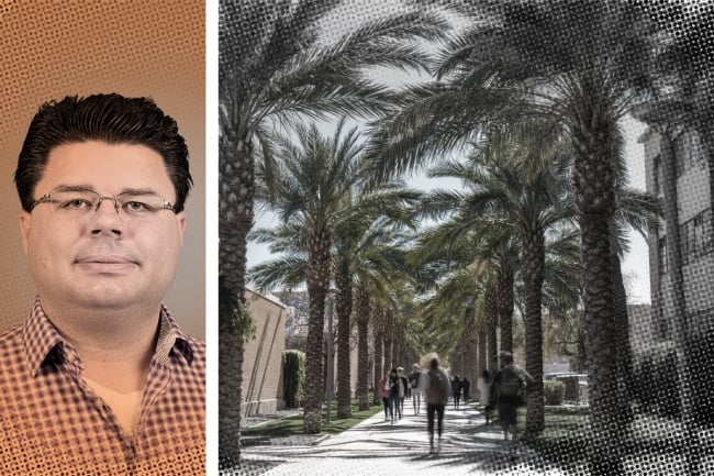 A photo illustration with a photograph of David Boyles, an Arizona State University instructor, next to a photograph of the university's campus.