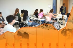 A graph of Wake Technical Community College's enrollment growth overlaid onto a photo of students in class.