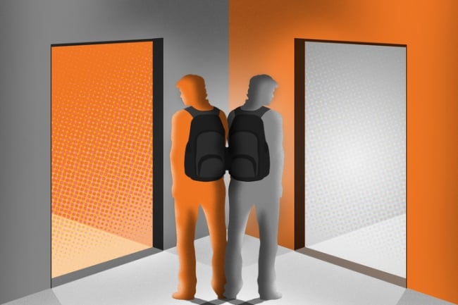 Two abstract humans stare into different doorways.