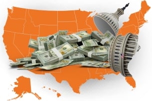 A map of the U.S. with money pouring out of the U.S. Capitol dome