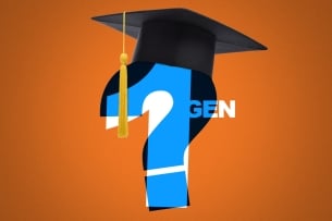 An illustration of the words 1st Gen laid over a question mark with a graduation cap on top symbolizes the inconsistency and uncertainty of what it means to be a first-generation college student.