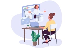 Woman sits at a desk with a laptop looking at an instructor gesturing at a board
