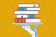 A robotic hand holds a stack of books, with the bottom book reading "AI" on its spine. 