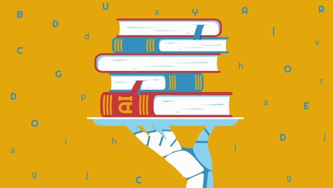 A robotic hand holds a stack of books, with the bottom book reading "AI" on its spine.