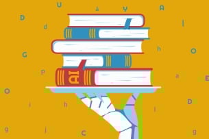 A robotic hand holds a stack of books, with the bottom book reading "AI" on its spine.