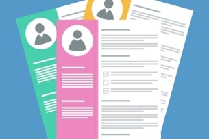 Three résumés on top of one another, each a different color and the top one with a slightly different image