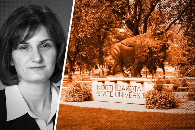 A photo illustration with a photo of Canan Bilen-Green on the left and, on the right, a photo of a buffalo statue on campus that stands atop a sign saying "North Dakota State University."