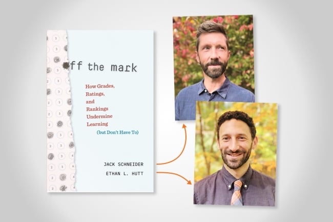 A picture of the book jacket for "Off the Mark" on the left, beside individual headshots of the two authorsh