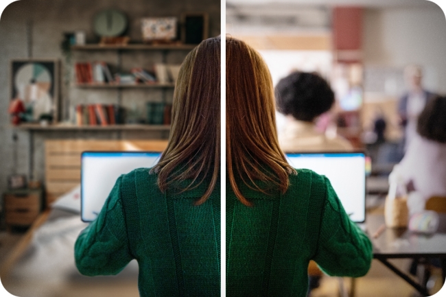A split screen of remote learning and in-person learning