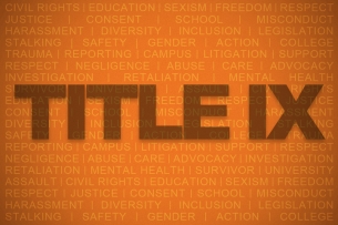 The words "Title IX" against an orange backdrop of smaller words such as "health," "negligence" and "abuse"