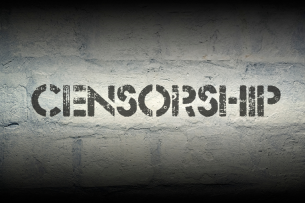 The word "CENSORSHIP" in black against an ominous gray-black background.