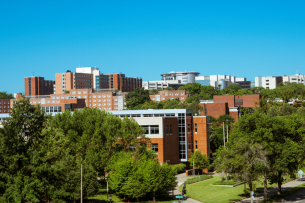 The University of Iowa campus on a sunny, cloudless day.