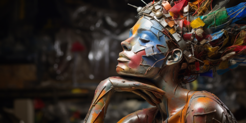 A woman with face paint and multicolored objects in her hair rests her head on her hand 