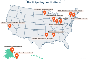 Map of the United States showing locations of 11 college participating in the first cohort of the Gardner Institute's Transforming the Foundational Postsecondary Experience program.