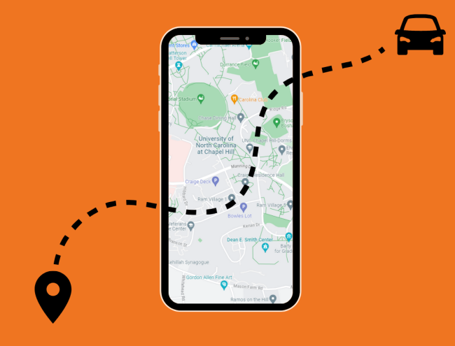 A phone screen with a map of the UNC campus traced over by a dotted line connecting a pin to a vehicle